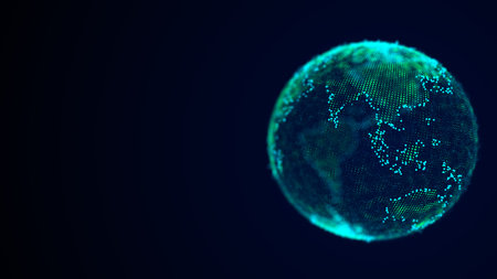 Virtual planet Earth with particles and lines. network connection big data. Animation of nuclear and...