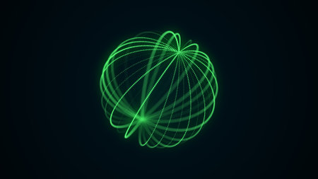 Futuristic green sphere of particles and lines. Network connection big data. Abstract technology background. 3d rendering.の写真素材