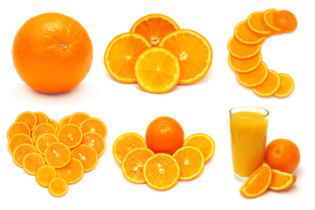 Collection of orange fruit. Heart, juice, vitamin C, sliced orange fruit isolated on white backgroundの写真素材