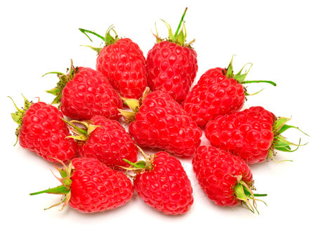 Fresh raspberries close up isolated on white background