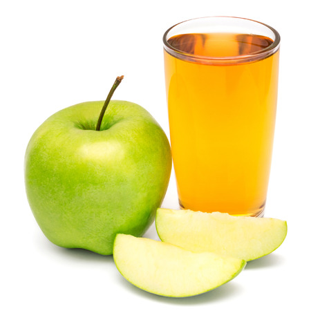 Apple juice and apple slices isolated on white backgroundの写真素材