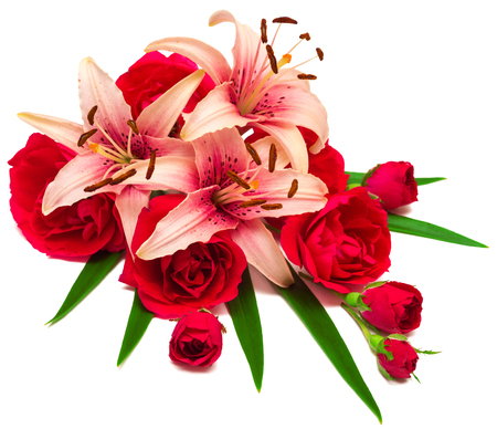 Flowers lilies and roses isolated on white background. Holiday card of beautiful flowersの写真素材