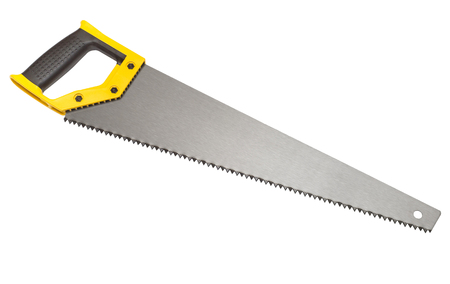 Hand saw isolated on white background. Hacksaw on woodの写真素材