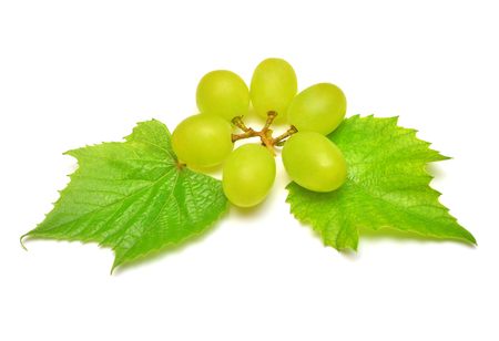 Fresh green grapes branch isolated on white background. Creative concept of fruit, butterfly shape. Flat lay, top view の写真素材