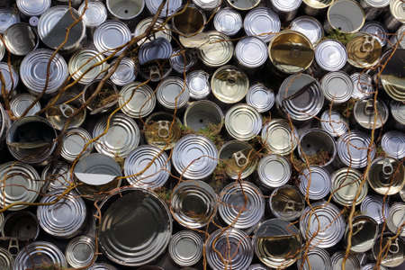 Pile of different golden and silver tins packed together inharmonious background with willow branchesの写真素材