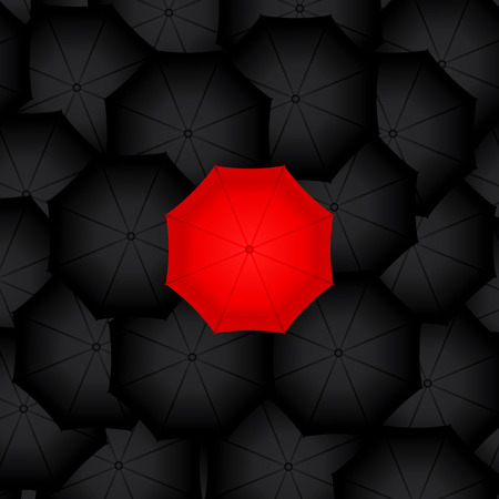 red umbrella among many black umbrellas, top view, business concept difference vectorのイラスト素材