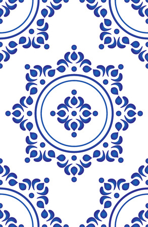 Floral ornament on watercolor backdrop, blue and white ceramic tile pattern seamless vector illustration, cute porcelain background design damask style.のイラスト素材