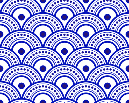 blue and white Japan and Chinese seamless pattern for design, porcelain, chinaware, ceramic, tile, ceiling, texture, wall, paper silk and fabric, vector illustration, simple indigo wave backgroundのイラスト素材