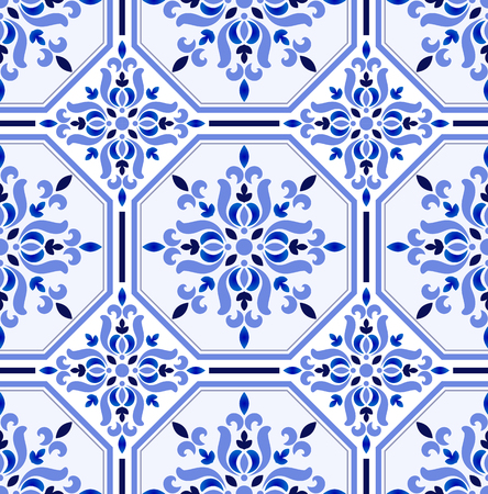 Talavera background, Azulejos Portugal tile pattern, Turkish ornament, Moroccan mosaic, Spanish porcelain, Ceramic tableware, folk print, Spanish pottery, Mediterranean seamless wallpaper decor vectorのイラスト素材