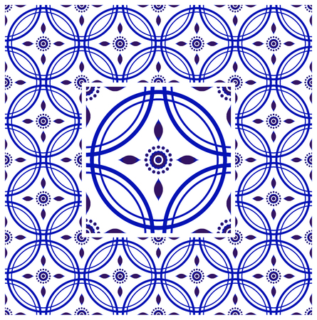 tile pattern, Porcelain decorative carpet background, blue and white floral decor vector illustration, Big ceramic element in center is frame, beautiful ceiling backdrop Indian and Malaysia styleのイラスト素材