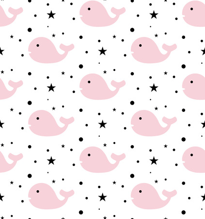 colorful baby background, cute pink seamless pastel pattern with whales cartoon, vector illustrationのイラスト素材