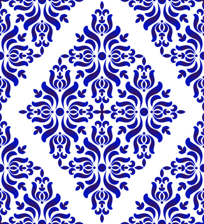 porcelain decorative pattern, Abstract floral wallpaper decor baroque and damask style, seamless blue and white ceramic royal background for design texture, silk, floor and wall, vector illustrationのイラスト素材