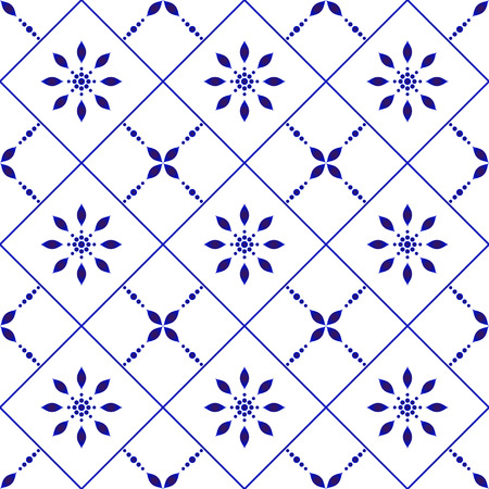 tile pattern, ceramic blue and white flower seamless background, indigo texture design, beautiful porcelain wallpaper decor vector illustrationのイラスト素材
