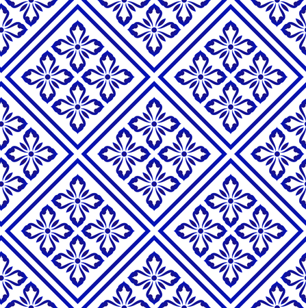 Talavera pattern, Azulejos Portugal, Turkish tile ornament, Moroccan mosaic, Spanish porcelain, Ceramic tableware, folk print, Spanish pottery, Mediterranean seamless blue and white wallpaper indigoのイラスト素材