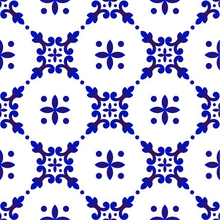 ceramic tile pattern, porcelain seamless modern background, blue and white decorative wallpaper decor, Portugal ornament, Moroccan mosaic, pottery folk print, Spanish tableware, vintage tiled designのイラスト素材