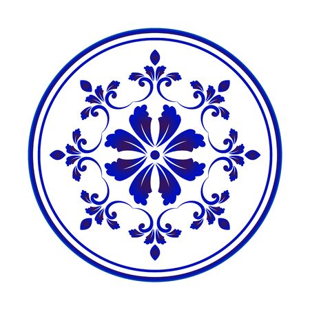 blue and ornamental round, Porcelain decorative art frame, Abstract vector floral ornament border, ceramic floral cycle pattern, China blue and white plate template design, vector illustrationのイラスト素材