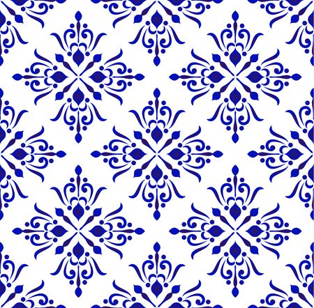 Abstract floral ornament backdrop damask and style, seamless blue and white royal pattern, porcelain background for design, pottery, ceramic, tile, texture, wall, paper, fabric, vector illustrationのイラスト素材