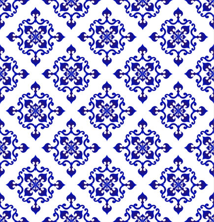 seamless porcelain floral decorative pattern, Islamic blue and white modern shape for design,...