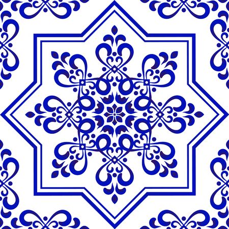 ceramic decorative tile pattern, Porcelain background design, blue and white floral decor vector illustration, beautiful ceiling backdropのイラスト素材