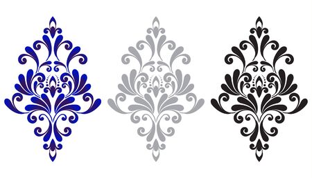 set of baroque ornament, vintage damask element blue, gray, black, decorative floral template for design wedding decoration, greeting card, wall, texture, textile, silk, paper, pottery, ceramic, tileのイラスト素材