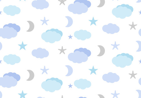 Cute seamless pattern. Baby pattern with sky. Blue texture with moon, star and cloud. Pastel color cartoon pattern for design, textile, fabric, paper, wallpaper, scrapbooking, cardのイラスト素材
