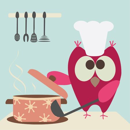 cute owl with a bawl cooking in the kitchen のイラスト素材