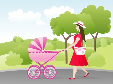 young mother with stroller のイラスト素材