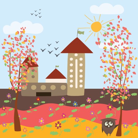 autumn landscape and owlのイラスト素材