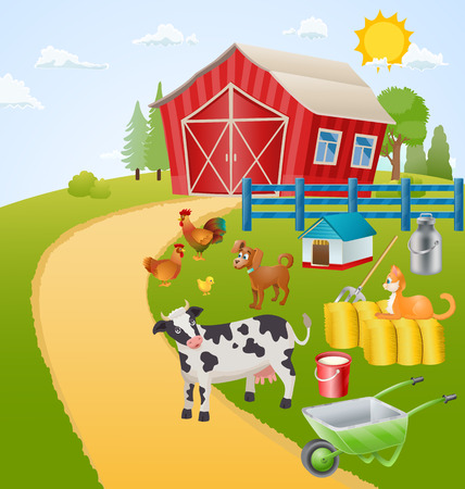 farm illustration with animals, birds and itemsのイラスト素材