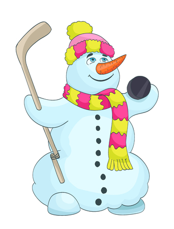 cartoon snowman with scarf, hat, and hockey stick. vectorのイラスト素材