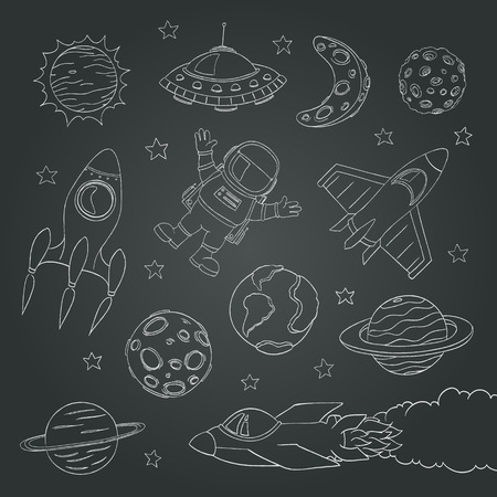 set of cute outer space elements, astronaut, planets, rockets. chalk lines. vector illustration