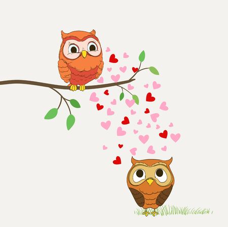 cute owls in love cartoon illustration. vectorのイラスト素材