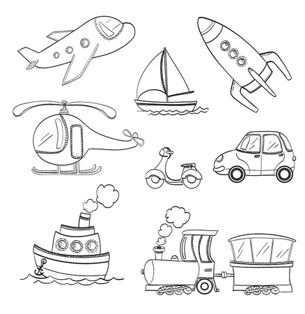 set of doodle transport. black and white line art  vectorのイラスト素材