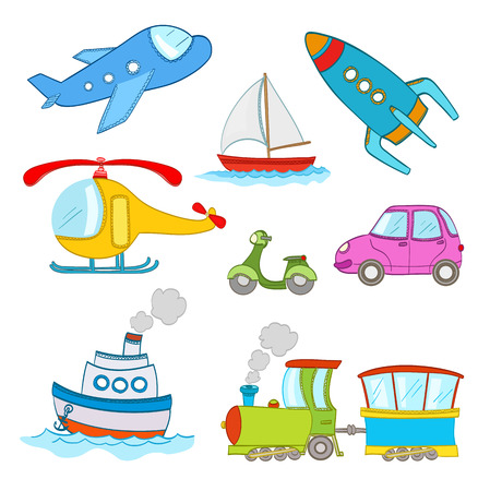 set of cartoon transportation on white. steamship, airplane, car, boat, train,helicopter, rocket.vectorのイラスト素材