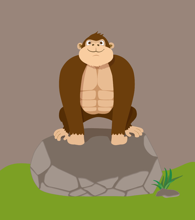 Cute cartoon gorilla on big stone. illustrationのイラスト素材