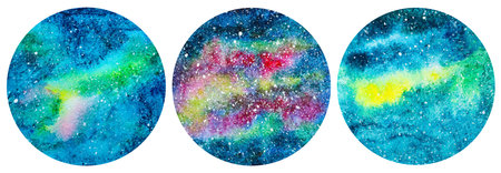 set of round shaped hand painted texture background with galaxy and stars