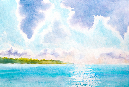 hand painted watercolor landscape with lake, sunlight, cloudsの写真素材