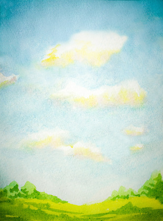 watercolor illustration with abstract sky, clouds and green grassの写真素材