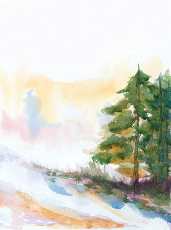 winter background with fir trees and snow. hand painted watercolor illustrationの写真素材