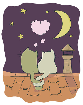 Two little cute cats on a roof with heart shaped bubble, moon, stars, chimney. Vector cartoon illustration on romance themeのイラスト素材