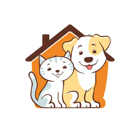 cute dog and cat and roof house logo design. pet services, rescue, boarding, care and walking minimal symbolのイラスト素材