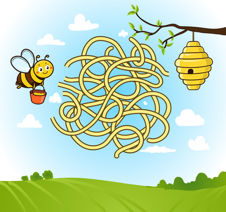 the cute cartoon bee is looking for the short way homeのイラスト素材