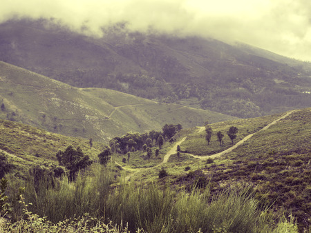 Nature Northern Portugal fields and mountains in fog. Atmospheric Photoの写真素材