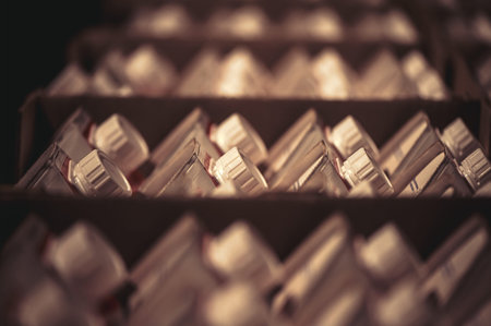 Bunch of milk bottles in a paper packet on fridge shelf in a big box