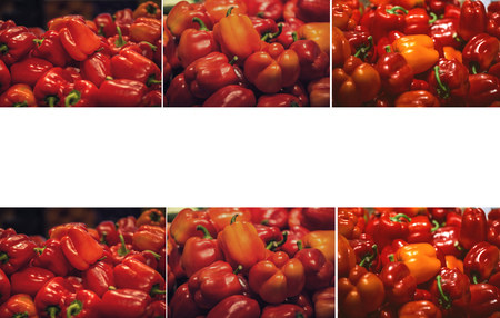 Red bell peppers in containers in the supermarket. A large number of red peppers for sell. Food backgroundの写真素材