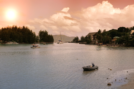 Tropical Seychelles. Palm trees and Indian Ocean of Praslin Island at sunset.の写真素材
