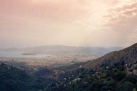 Panorama of the Greek city of Volos at sunset. Volos Greece. View from the mountain on the Volosの写真素材