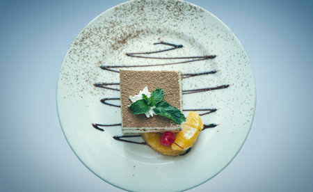Italian dessert tiramisu with mint on a plate with chocolate line. Tiramisu view from above