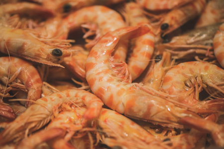Fresh royal prawns in the supermarket refrigerator