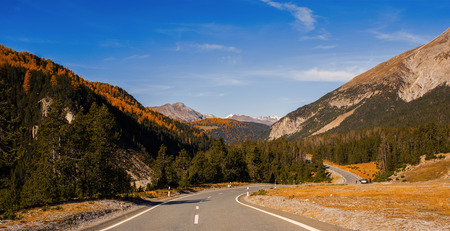 Landscape of the Swiss Alps and forest of national parc in Switzerland. Alps of Switzerland on autumn. Parc Naziunal Svizzer. Swiss canton of Graubunden. Val Müstair Regionの写真素材